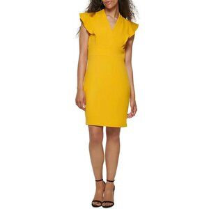 DKNY Petites Womens Flutter Sleeve Mini Sheath Dress Mustard Yellow 4P